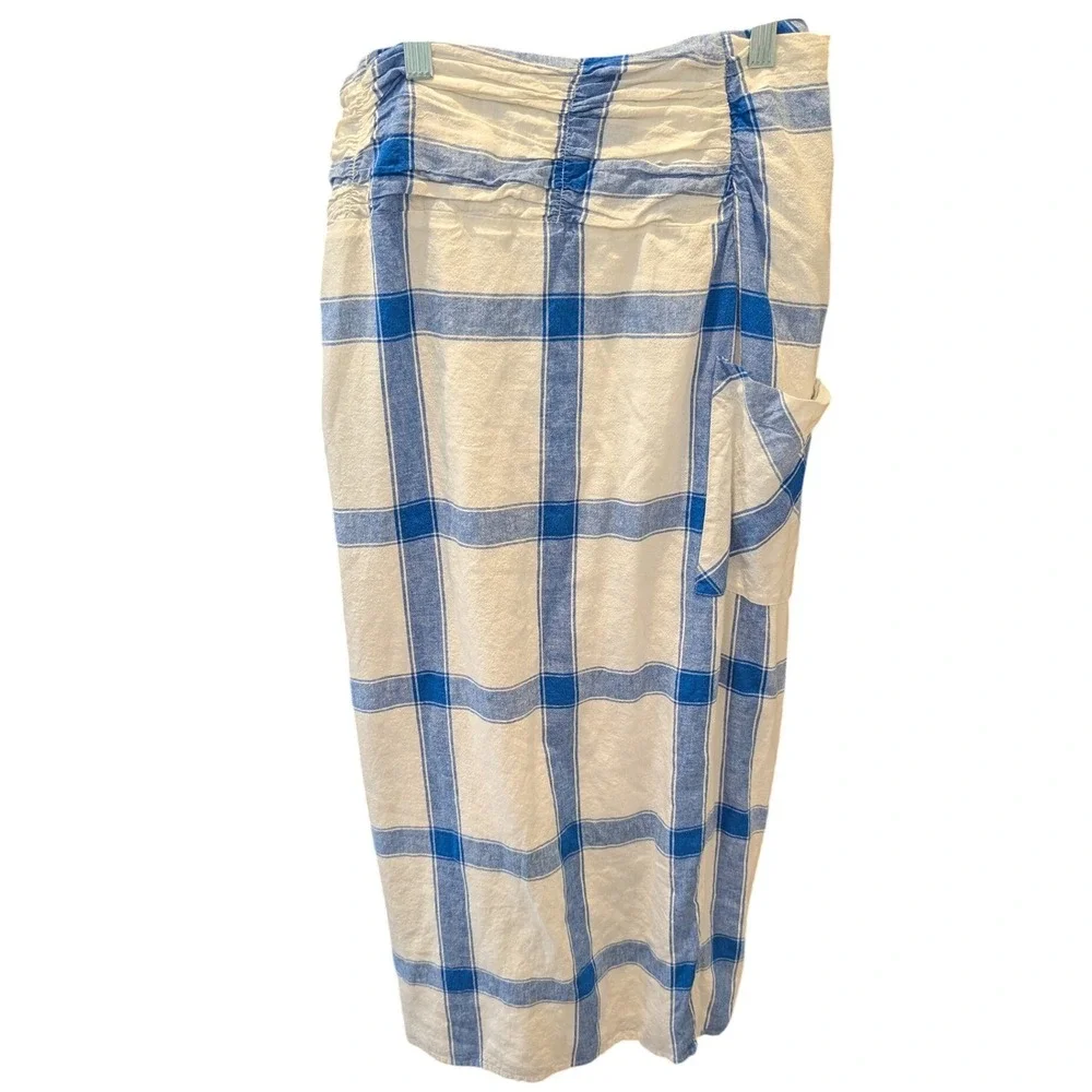 Maeve Anthropologie Midi Wrap Skirt Blue White Plaid Linen Blend Size 2 - Picture 3 of 10